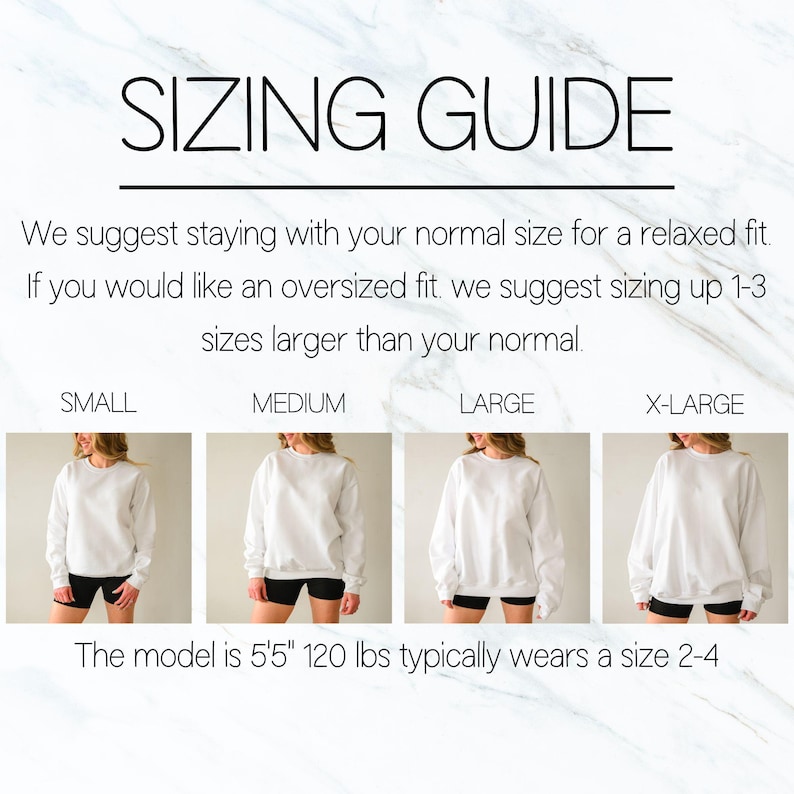 May include: Sizing guide for a white sweatshirt with a relaxed fit. The model is 5'5" and 120 lbs and typically wears a size 2-4. The guide shows the sweatshirt in sizes small, medium, large, and x-large.