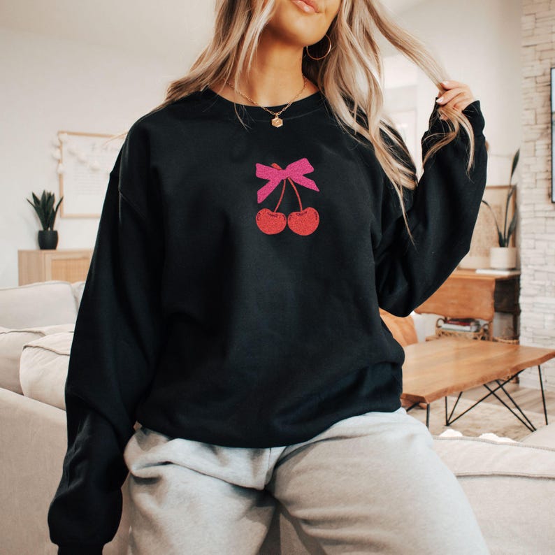 Embroidered Coquette Cherry Sweatshirt, Cherry Bow Sweater, Minimalist Red Cherry Crewneck, Trendy Girly Cherries Sweatshirt, Gift For Her Black