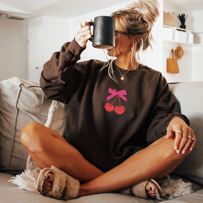 Embroidered Coquette Cherry Sweatshirt, Cherry Bow Sweater, Minimalist Red Cherry Crewneck, Trendy Girly Cherries Sweatshirt, Gift For Her Dark Chocolate