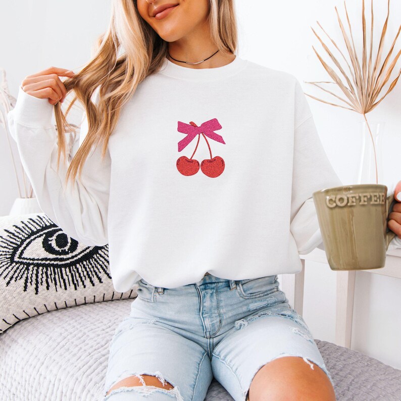 Embroidered Coquette Cherry Sweatshirt, Cherry Bow Sweater, Minimalist Red Cherry Crewneck, Trendy Girly Cherries Sweatshirt, Gift For Her White