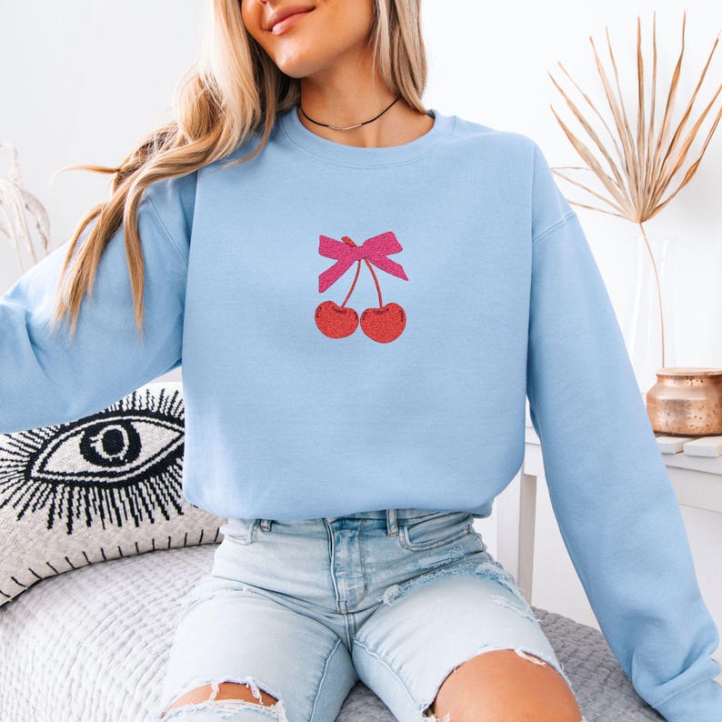 Embroidered Coquette Cherry Sweatshirt, Cherry Bow Sweater, Minimalist Red Cherry Crewneck, Trendy Girly Cherries Sweatshirt, Gift For Her Light Blue
