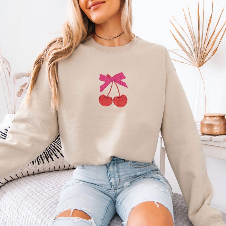 Embroidered Coquette Cherry Sweatshirt, Cherry Bow Sweater, Minimalist Red Cherry Crewneck, Trendy Girly Cherries Sweatshirt, Gift For Her Sand