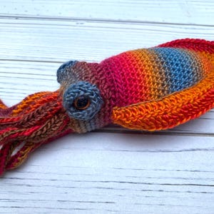 May include: A crocheted squid toy featuring a vibrant gradient of colors including red, orange, yellow, and blue. The creature has a rounded mantle, two prominent circular eyes with dark pupils, and multiple long, textured tentacles extending outward.