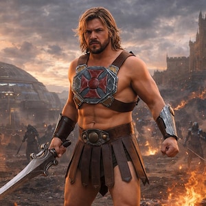 May include: A warrior figure with shoulder-length blonde hair and a beard, wearing a brown leather kilt and chest armor featuring a red cross emblem. The figure has metal bracers on both forearms and holds a silver sword in the right hand.