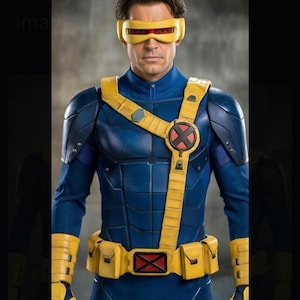 Può includere: Una persona con un costume da supereroe blu e giallo. Il costume comprende un body blu, una cintura gialla con tasche e spalline gialle. La persona indossa anche una visiera gialla con lenti rosse.