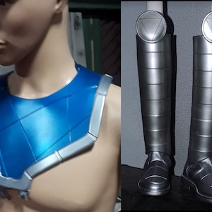 May include: A blue and silver costume piece for the chest and a pair of silver shin guards with a triangular emblem.