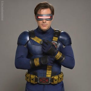 Può includere: Una persona con un costume da supereroe blu e giallo con una visiera rossa. Il costume comprende una tuta blu, spalline, guanti e una cintura multiuso. La visiera emette una luce rossa.