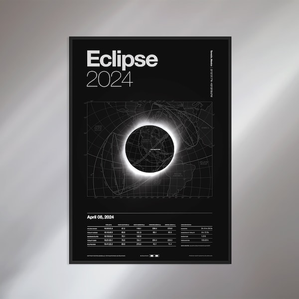 Customized 2024 Solar Eclipse Poster Print Typographic Gallery Wall Art, Modern, Minimal, Midcentury, Celestial Data by Location