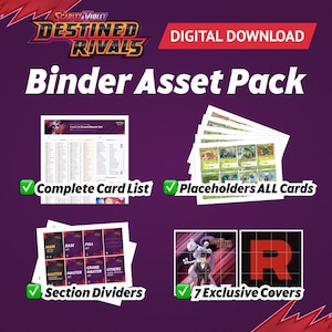 Puede incluir: Gráfico de descarga digital que presenta el "Scarlet & Violet Destined Rivals Binder Asset Pack". Incluye una lista completa de cartas, marcadores de posición para todas las cartas, divisores de sección y siete portadas exclusivas. El fondo es morado oscuro.