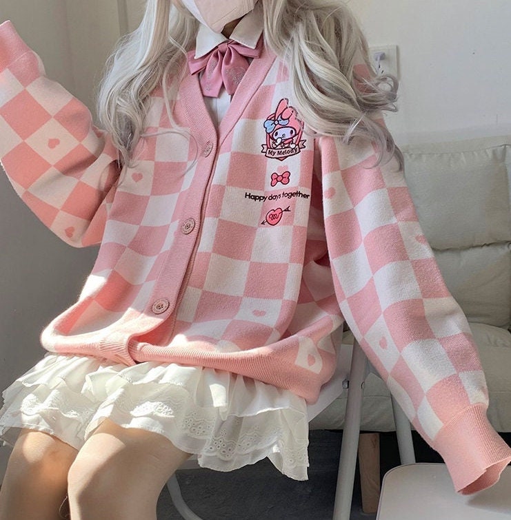 My Melody Cinnamoroll Pompompurin Kuromi Cardigan Kawaii Sweater Jumper Sanrio Japanese Cute Checkered Embroidered Top