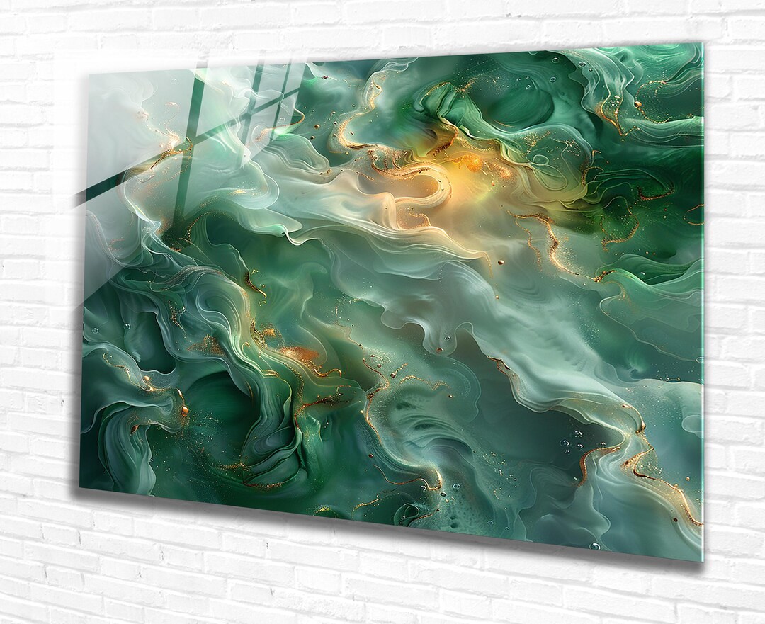 Green Marble Tempered Glass Wall Art Abstract Panoramic Wall Art,extra ...
