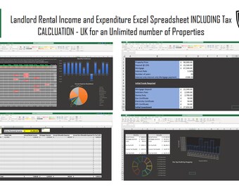 Landlord Rental Income & Expenditure Excel Spreadsheet INC Tax CALCLUATION / UK for Unlimited number of Properties / 2 Spreadsheets provided