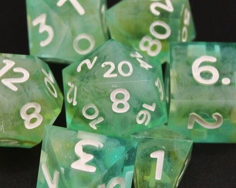 Cloudy Green - 7 Piece Dice Set - Green and Yellow Sparkle