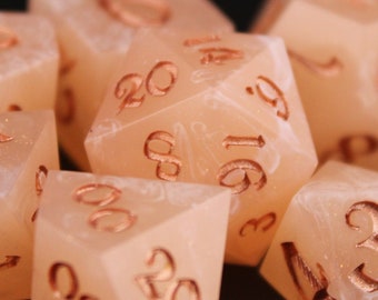 Rose Gold Peach - 7 Piece Dice Set - Pink, Rose Gold, White