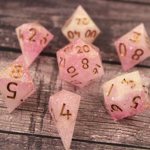Aurora’s Kiss - 7 Piece Dice Set (pink, white and gold)