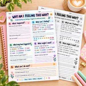 Puede incluir: Dos hojas de trabajo impresas tituladas Why Am I Feeling This Way? con secciones para identificar sentimientos, desencadenantes y necesidades, incluyendo casillas de verificación, listas numeradas e ilustraciones en tonos pastel de corazones, soles y flores.