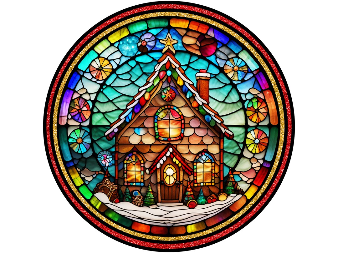 Faux Stained Glass Gingerbread House With Red Border 2 Wreath Sign