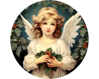 vintage antique Christmas angel wreath sign, sign for Christmas, sign for December