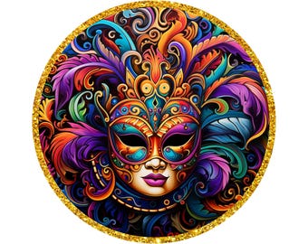 bright pink, purple, gold Mardi Gras party mask with feather wreath sign, jazz festival wall decor