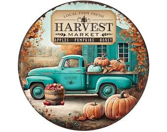 Farm Fresh Harvest Market Teal Truck Wreath Sign | Rustic Autumn Pumpkin Round Metal Sign for Wreaths | Farmhouse Door Hanger