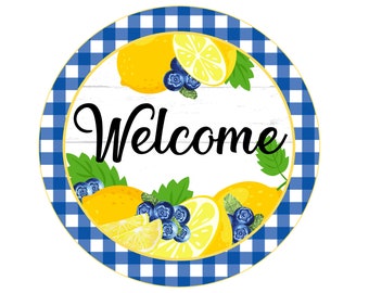 Welcome wreath sign with blueberries and lemons, lemon wreath attachment, summer blueberry decor, lemon sign, citrus sign, kitchen sign