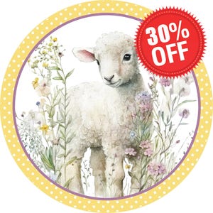 spring pastel lamb with flowers wreath sign, yellow and white polka dot lamb wall decor, Easter lamb decoration
