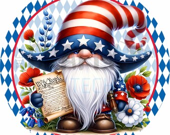 Patriotic Uncle Sam Gnome Round Wreath Sign 4th of July Gnome with Constitution Americana Door Hanger Round Wreath Sign