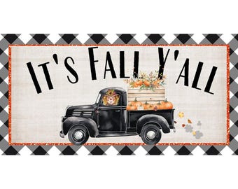 Vintage Truck Fall Wreath Sign | Pumpkin Harvest Plaid Round Metal Sign for Wreaths | Rustic Autumn Door Hanger Attachment
