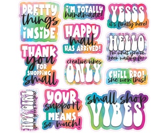 retro bright shipping stickers, tie dyed box stickers, sixties themed shipping labels