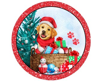 Hello Christmas Dog Wreath Sign | Puppy Lover Holiday Round Metal Sign for Wreaths | Festive Door Hanger Wreath Attachment