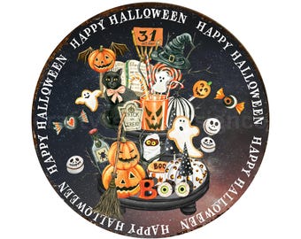 Happy Halloween tiered tray witch hat ghost pumpkin wreath sign, spooky Halloween sign for party