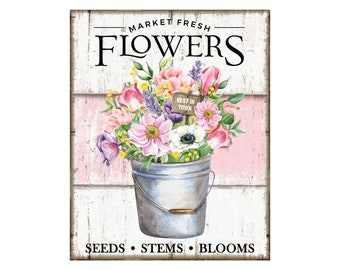 Farmhouse flowers sign, vintage floral wreath sign, market fresh flowers decor, primitive pink decor, vintage metal pail, distressed sign