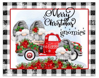 Gnome vintage truck Merry Christmas wreath sign, gnome family red poinsettia holiday wreath attachment, red antique truck wall art