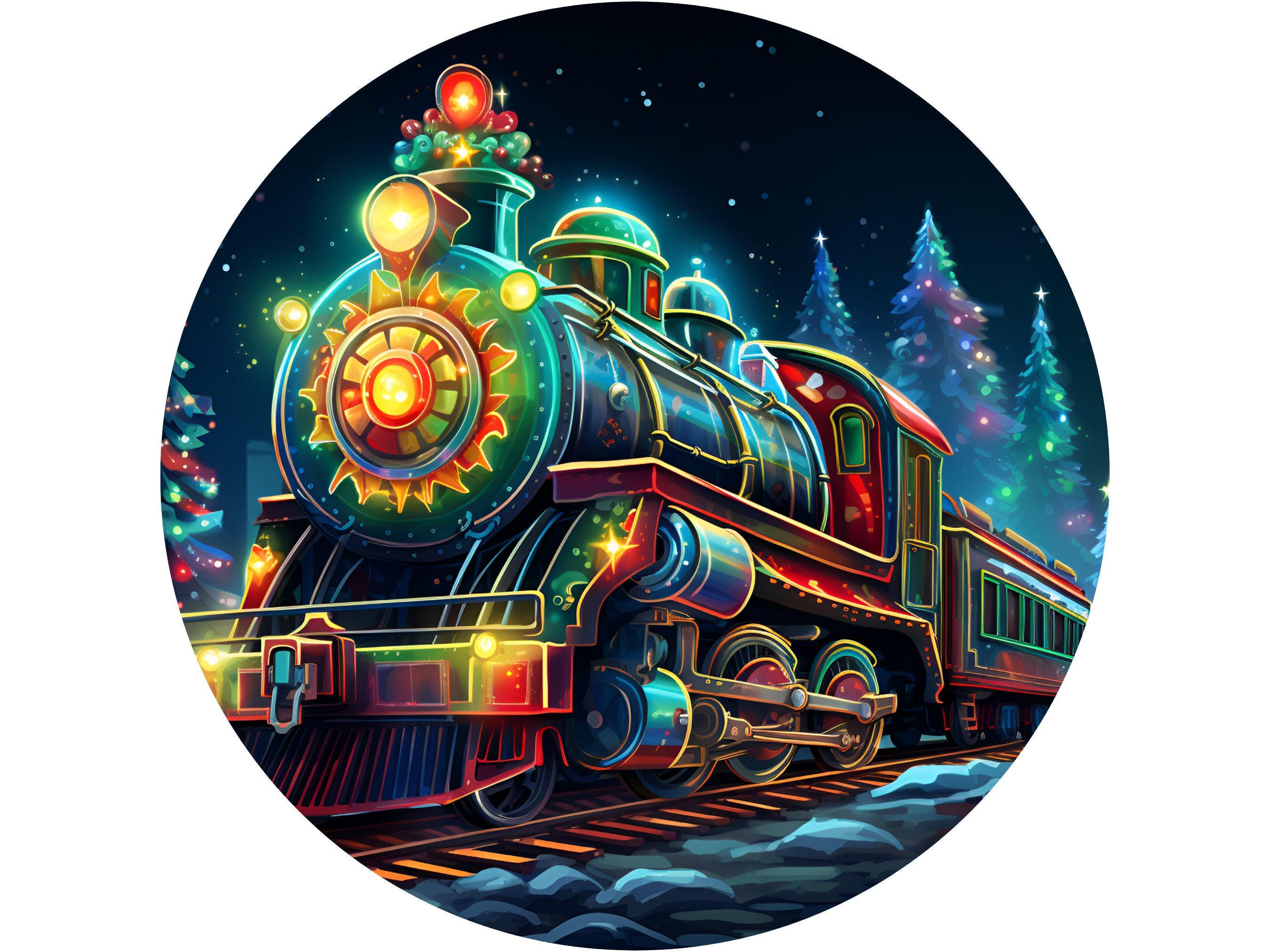 クリスマス列車の冬の風景、ライトアップされた木、リースの看板、12月