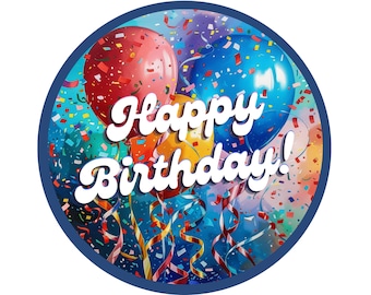 happy birthday wreath sign with confetti and balloons, bright cheerful party decoration sign