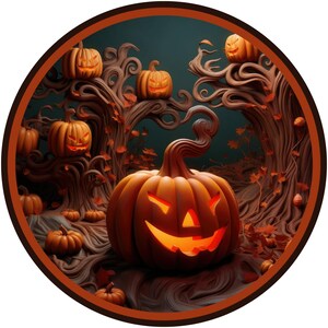 Letrero de corona de calabaza espeluznante de Halloween, letrero de metal con forma de calabaza de Feliz Halloween, letrero de familia de calabazas aterradora en un bosque espeluznante