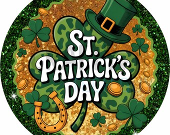 St. Patrick’s Day Shamrock Round Wreath Sign Lucky Clover Leprechaun Hat Gold Coins Irish Door Hanger Round Wreath Sign