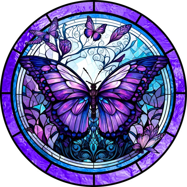 stained glass church window floral purple butterfly wreath sign, purple butterfly wreath attachment, sign for Spring