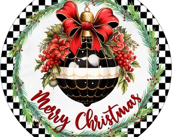 Merry Christmas Ornament Sign, Black and White Harlequin Christmas Decor, Festive Holiday Wall Art, Christmas Ornament Wreath Sign