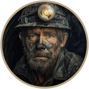 coal miner portrait metal wreath sign, working in the coal mine wreath attachment, man with a dirty coal face wall art