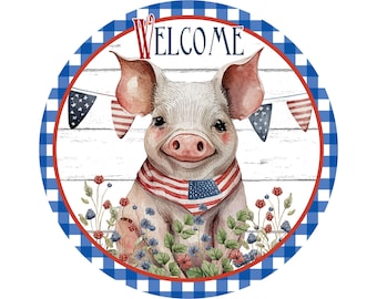 farmhouse patriotic pig wreath sign, pig sign, USA pig sign, red white and blue pig sign