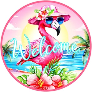 pink flamingo at the beach metal wreath sign, pink flamingo wall art, beach house sign