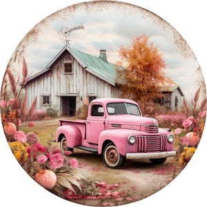 Segno di caduta del camion antico rosa, arredamento del fienile della fattoria in metallo, arte rustica della parete autunnale, segno del raccolto di campagna vintage