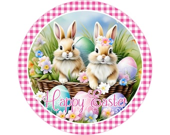 Signe de couronne en métal rose à carreaux printanier avec des fleurs dans un panier, décoration murale florale bleue et rose de lapin de Pâques, Joyeuses Pâques
