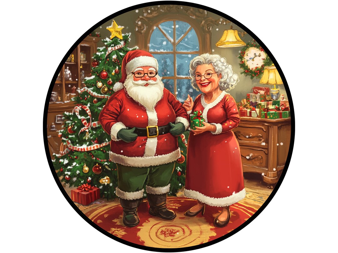 Santa and Mrs. Claus Standing in Front of Christmas Tree Sign, Festive ...