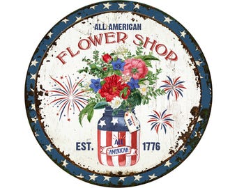 Krans met Amerikaanse bloemen in een Mason Jar | Patriotisch rond metalen bloemenbord voor kransen | Rustieke deurhanger
