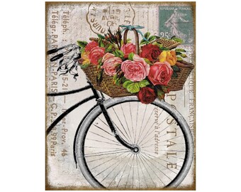 French Bicycle Floral Postcard Wreath Sign | French Country Rectangle Metal Sign for Wreaths | Victorian Door Hanger Attachment