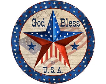 Rustieke patriottische ster op perkamentpapier kransbord, God Bless the USA-kransbevestiging, Stars and Stripes-muurkunst