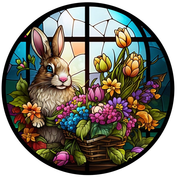 Victorian stained glass bunny floral basket wreath sign, Victorian floral sign, vintage stained glass wall art, stained glass lover