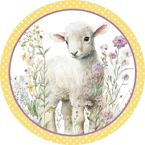 spring pastel lamb with flowers wreath sign, yellow and white polka dot lamb wall decor, Easter lamb decoration